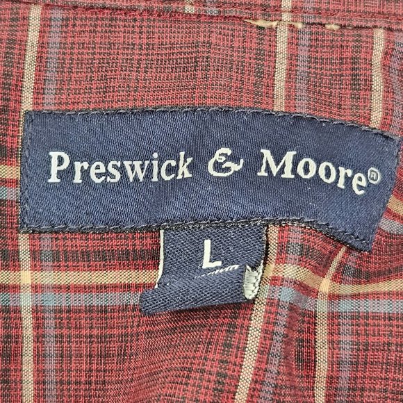 Preswick & Moore Shirt Mens Large Burgundy Red Gold Plaid Button Front Casual - Picture 6 of 8
